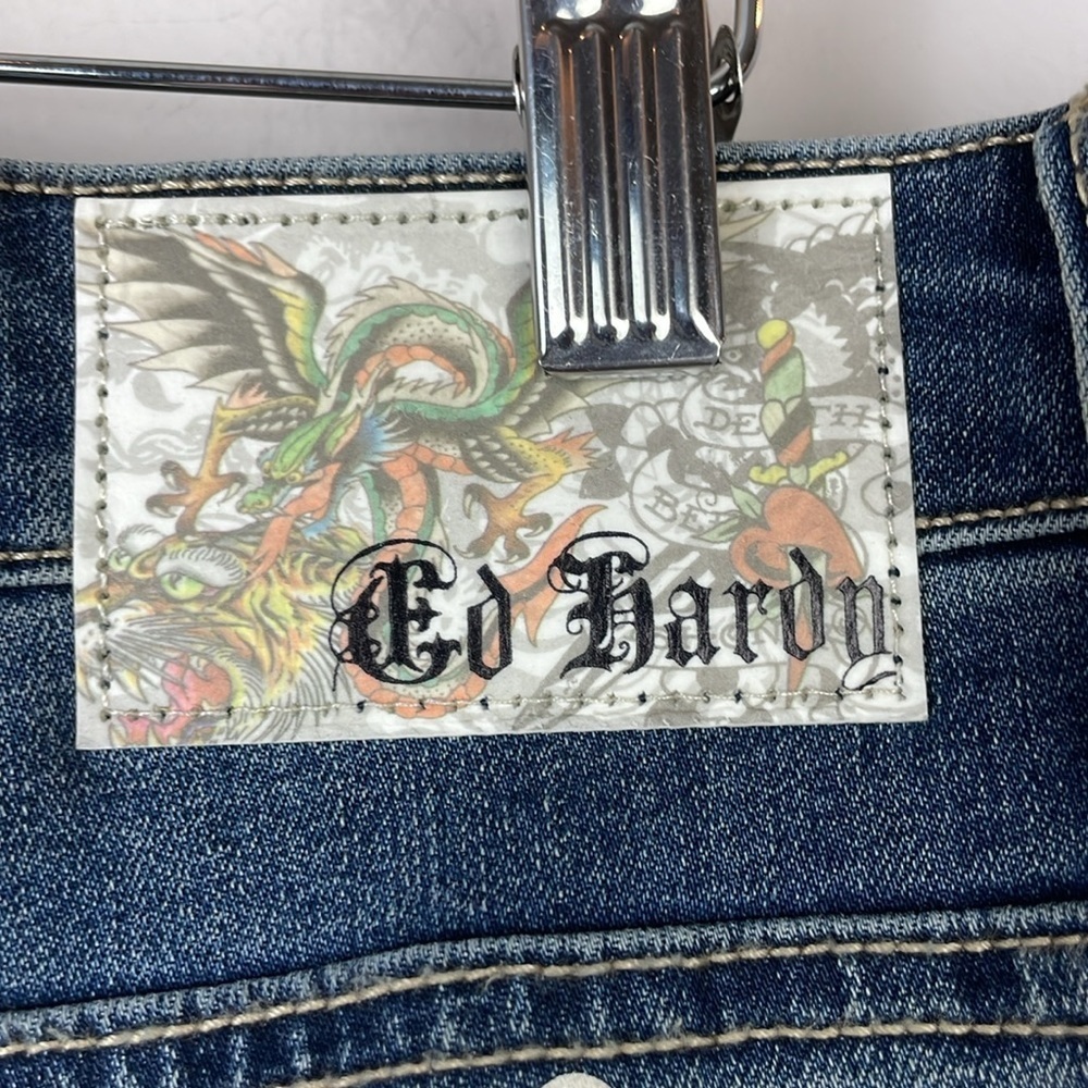 NWT ED HARDY Vintage Y2K Slim Flare Women Jeans Denim SZ 34 Stretch Skull NYC - Picture 6 of 15